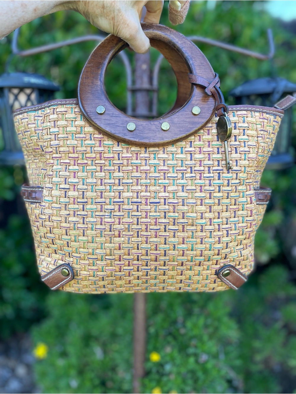 Fossil ZB2596 Multicolor Woven Straw Satchel Tote Leather Trim Wood Handles